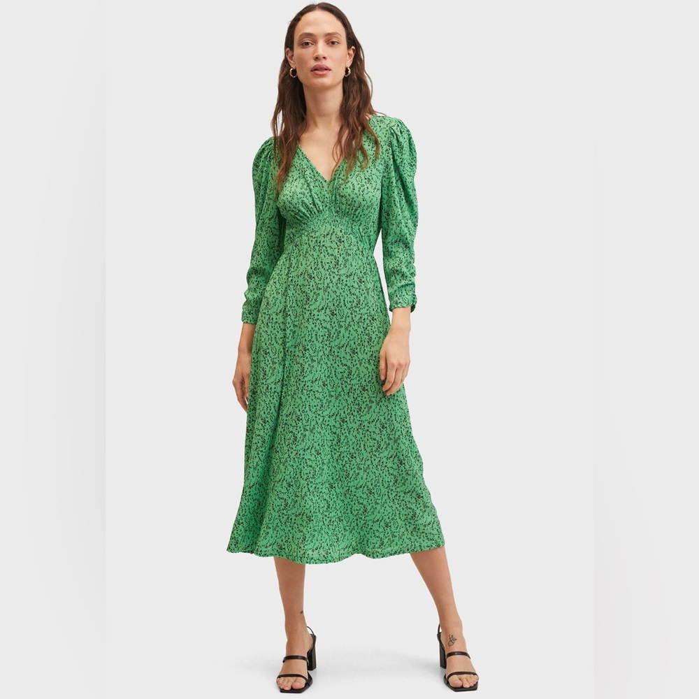 MANGO Jade Green Floral Print Puff Sleeve Smocked Waist Flare Midi Dress Sz 8 - Picture 3 of 4